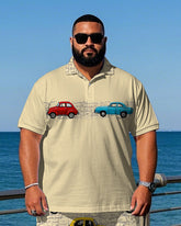 Men's Street Style Artistic Cartoon Car Printed Big & Tall Short Sleeve Polo Shirt Shorts Set